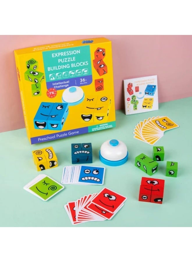 مكعبات بازل تعبيرات الوجه – لعبة مكعبات خشبية متغيرة الوجوه، لعبة مونتيسوري تعليمية حسية للتعلم المبكر للأطفال الصغار - Image 2